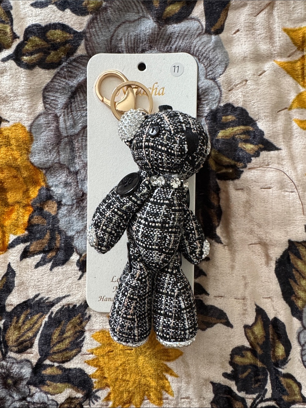 NWT Natasha Couture Black & White Tweed Crystal Rhinestone Bear Keychain